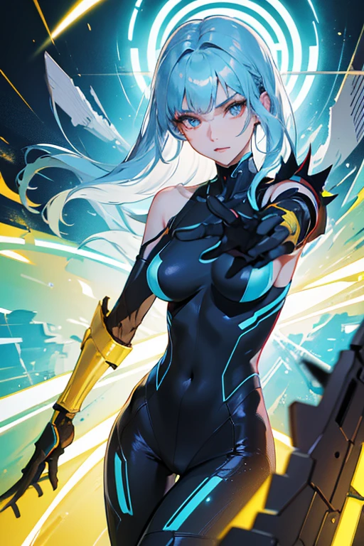 Futuristic girl in high tech combat suit, Smooth, Skin-tight bodysuit, Detailed facial features, Sharp Eye, Elegant pose, Advanced Machinery, Neon Light, Metallic accents, Cinema Lighting, Vibrant colors, Dramatic atmosphere, Very detailed, 8k, Shoulder Bare, Exposed Skin, Realistic、Exposed breasts,