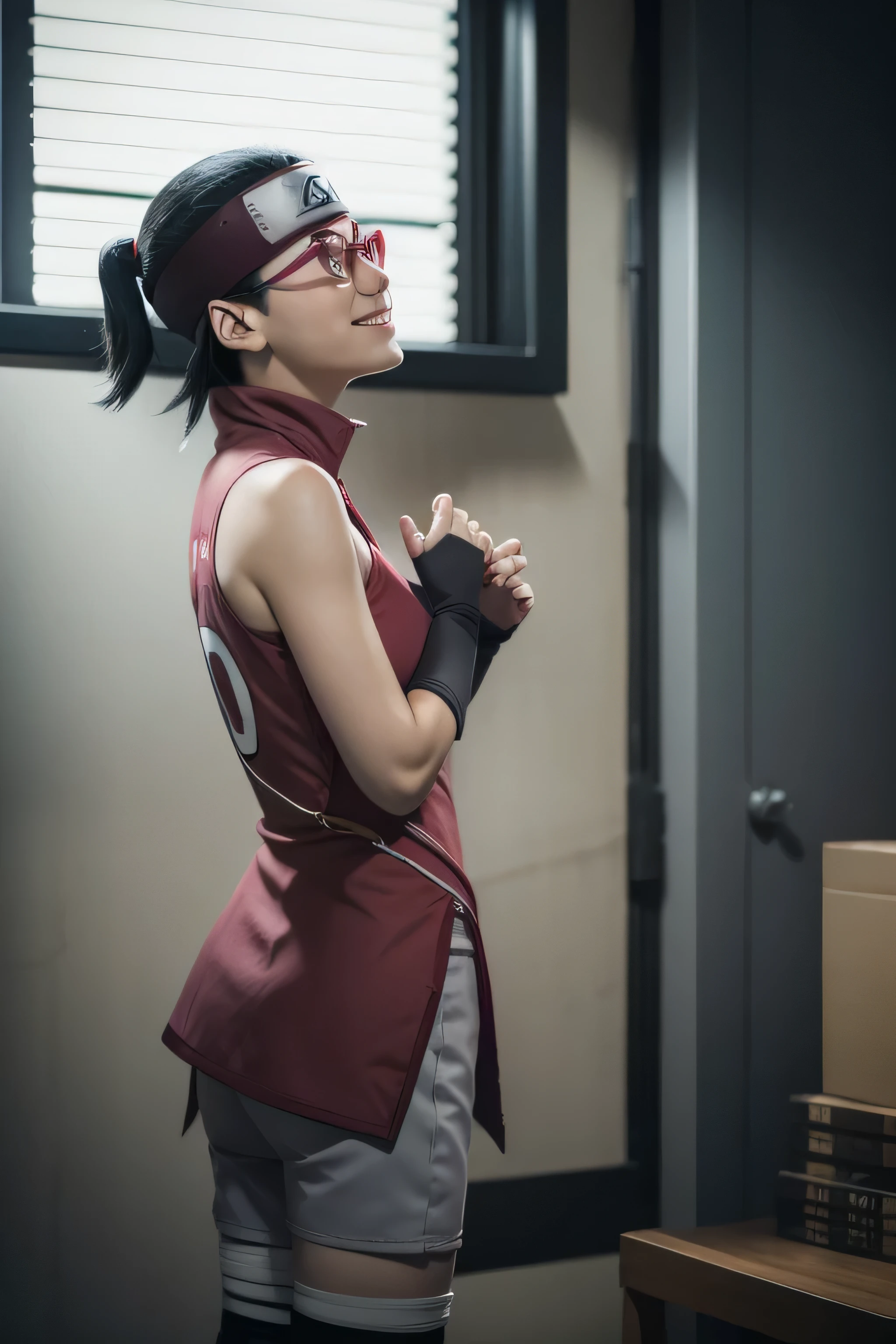 1 girl, standing, beautiful Sarada Uchiha, side view18 years old, Cups, Black thighs, arm warmers, forehead protector, shorts, short hair, big chest, wearing glasses, small hips, big ass, medium breasts,capture anime screen, Sarada is 18 years old, mature appearance,,outfit, red arm warmers,maroon arm bands,red arm warmers,side view,viewed from side,smiling,slightly tilted forwards,slightly leaned forwards,smile