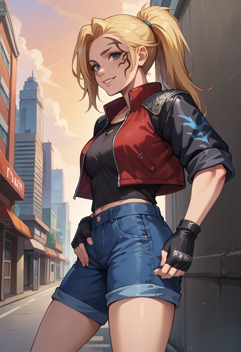 score_9, score_8_up, score_7_up, 1girl, solo, (female:1.5), female focus, female body, solo, zell, solo, blue eyes, gloves, jacket, blonde hair, long hair, medium ponytail, tattoo, gloves, facial tattoo, red jacket, black jacket, two-colours jacket, black shirt, fingerless gloves, shorts denim, standing, smiling lift shirt, looking at you, city,