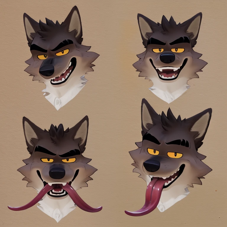 Mr. Wolf (The Bad Guys), Looking at viewer, Open Mouth, Sticking out long tongue, Yellow Eyes, Brown Fur, Wide-Eyed, Wolf Ears, Anatomically Correct, Seductive Smile, Raised Eyebrow, Oral Invitation, Simple background, Multiple Views, Close-Up, Character Sheet Full-Length, Character Design, Illustration, High Resolution, Super Detailed, Textured Skin