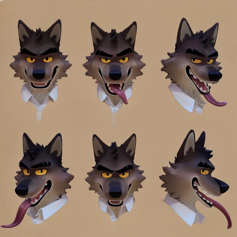 Mr. Wolf (The Bad Guys), Looking at viewer, Open Mouth, Sticking out long tongue, Yellow Eyes, Brown Fur, Wide-Eyed, Wolf Ears, Anatomically Correct, Seductive Smile, Raised Eyebrow, Oral Invitation, Simple background, Multiple Views, Close-Up, Character Sheet Full-Length, Character Design, Illustration, High Resolution, Super Detailed, Textured Skin