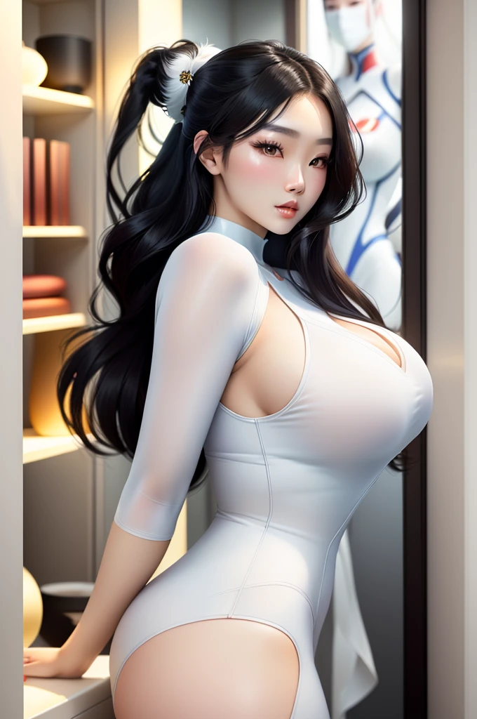 a woman in a white bodysuit posing for a picture, gorgeous young korean woman, beautiful asian girl, gorgeous chinese model, beautiful south korean woman, japanese goddess, smooth white tight clothes suit, korean girl, beautiful young korean woman, beautiful asian woman, beautiful detailed body and face, korean woman, jaw-dropping beauty, smooth translucent white skin, asian girl