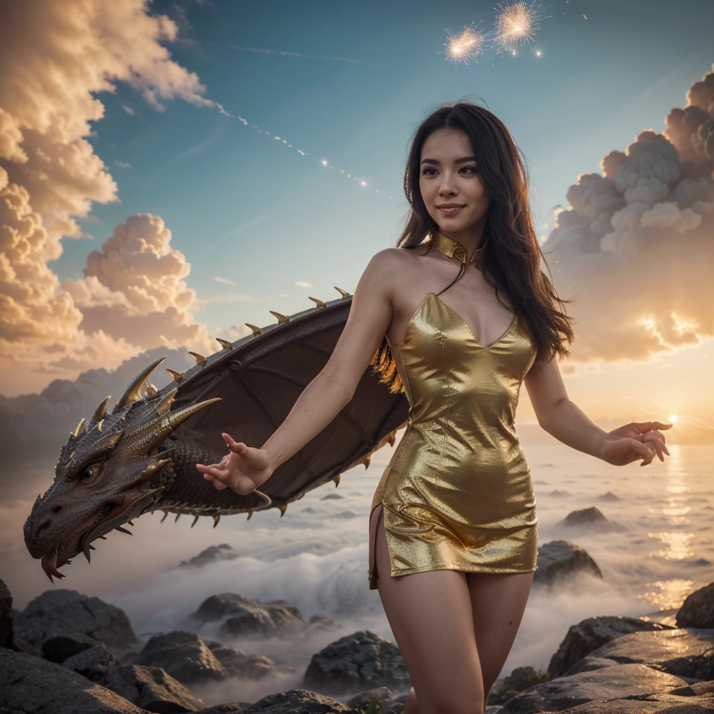 amazing quality, masterpiece, best quality, hyper detailed, ultra detailed, UHD, DOF, depth of field, HDR, perfect anatomy
close up, dragon head portrait, (white hybrid gold) dragon, soaring through the clouds and mist, over the cloud,( sunset:1.2), mystical sky, 
a girl standing with a dragon, touch the dragon, (stylish pose:1.2), joyful, hope light, background light, (caress:1.4),
outstretched arm, outstretched hand, looking at viewer, smile, beaming, wearing red cheongsam, hug the dragon,
glowing, dazzling, shine, translucent, long skit, long hair, wing blow, gold, (sparking, light particles:1.2),
DTstyle, 
RedGlitter, 
extremely detailed, 
DonM3t3rn1tyXL 
zavy-chnsdrgn, 
SK_Fantasy,