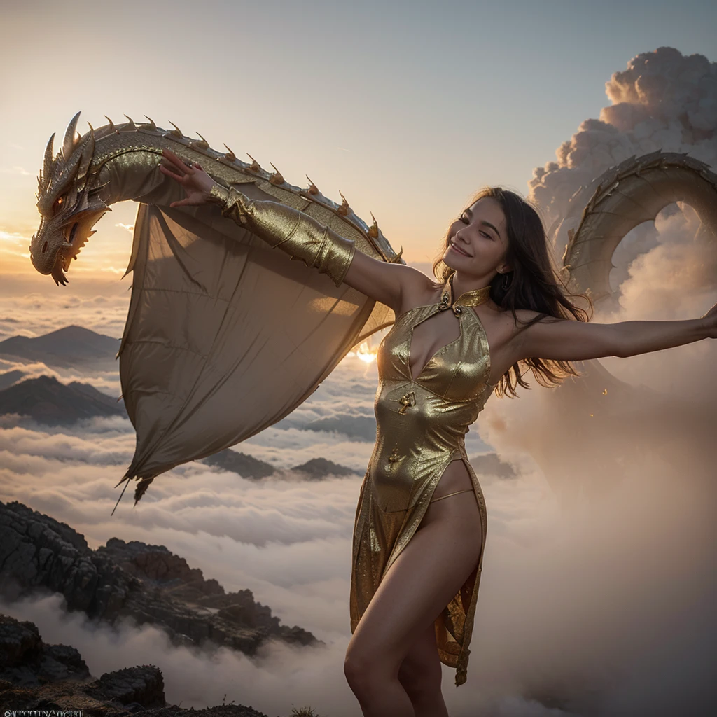 amazing quality, masterpiece, best quality, hyper detailed, ultra detailed, UHD, DOF, depth of field, HDR, perfect anatomy
close up, dragon head portrait, (white hybrid gold) dragon, soaring through the clouds and mist, over the cloud,( sunset:1.2), mystical sky, 
a girl standing with a dragon, touch the dragon, (stylish pose:1.2), joyful, hope light, background light, (caress:1.4),
outstretched arm, outstretched hand, looking at viewer, smile, beaming, wearing red cheongsam, hug the dragon,
glowing, dazzling, shine, translucent, long skit, long hair, wing blow, gold, (sparking, light particles:1.2),
DTstyle, 
RedGlitter, 
extremely detailed, 
DonM3t3rn1tyXL 
zavy-chnsdrgn, 
SK_Fantasy,