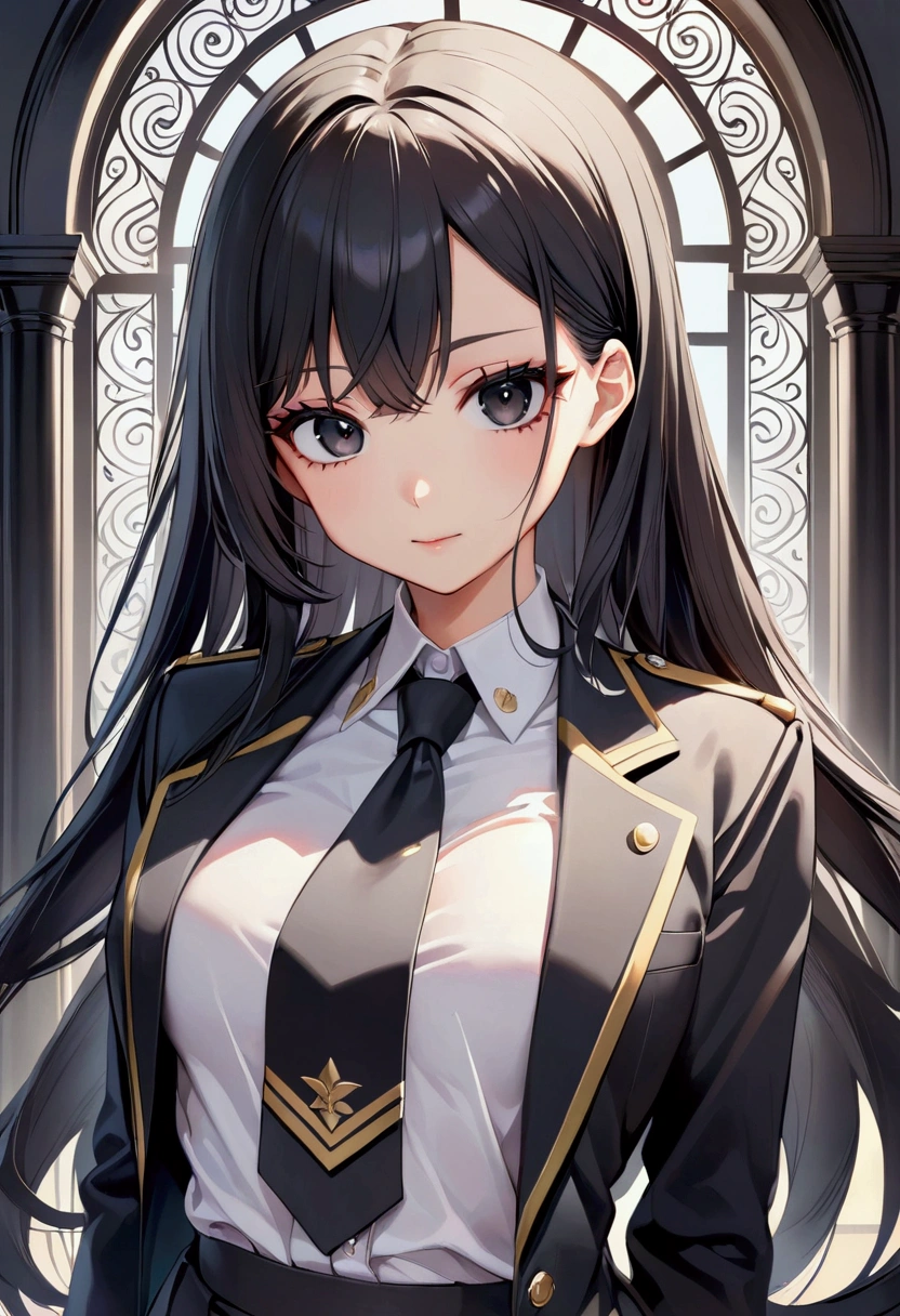 A young woman with long black hair, black eyes, uniform, detailed body, detailed eyes