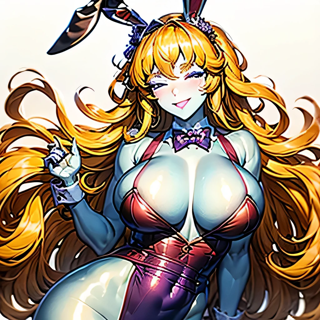  ((masterpiece,best quality,ultra-delicate,Perfect Face,16k,high resolution,very beautiful woman)),(blue skin:1.2,red sleeveless jacket), purple panties,bunny ears,large breasts,purple bowtie,gold long hair,smile,standing