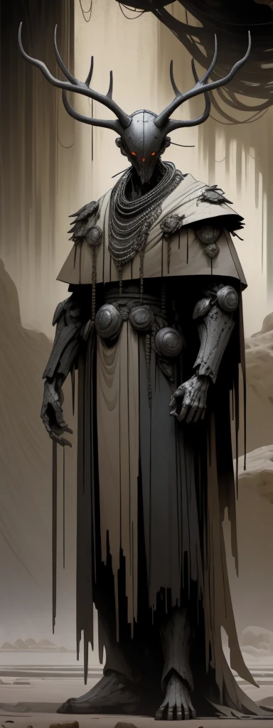giant robot on a platform in a desert cave, leaning forward, 6 bright white glowing eyes arranged in a hexagon, smooth metal plating covering the mechanics, divine aura, multiple long slender arms resting below, mechanical, massive metal halo around head, slender body, draped in various tattered garbs, large metal antlers, creepy, lots of legs, thick lineart, rossdraws, cel shading