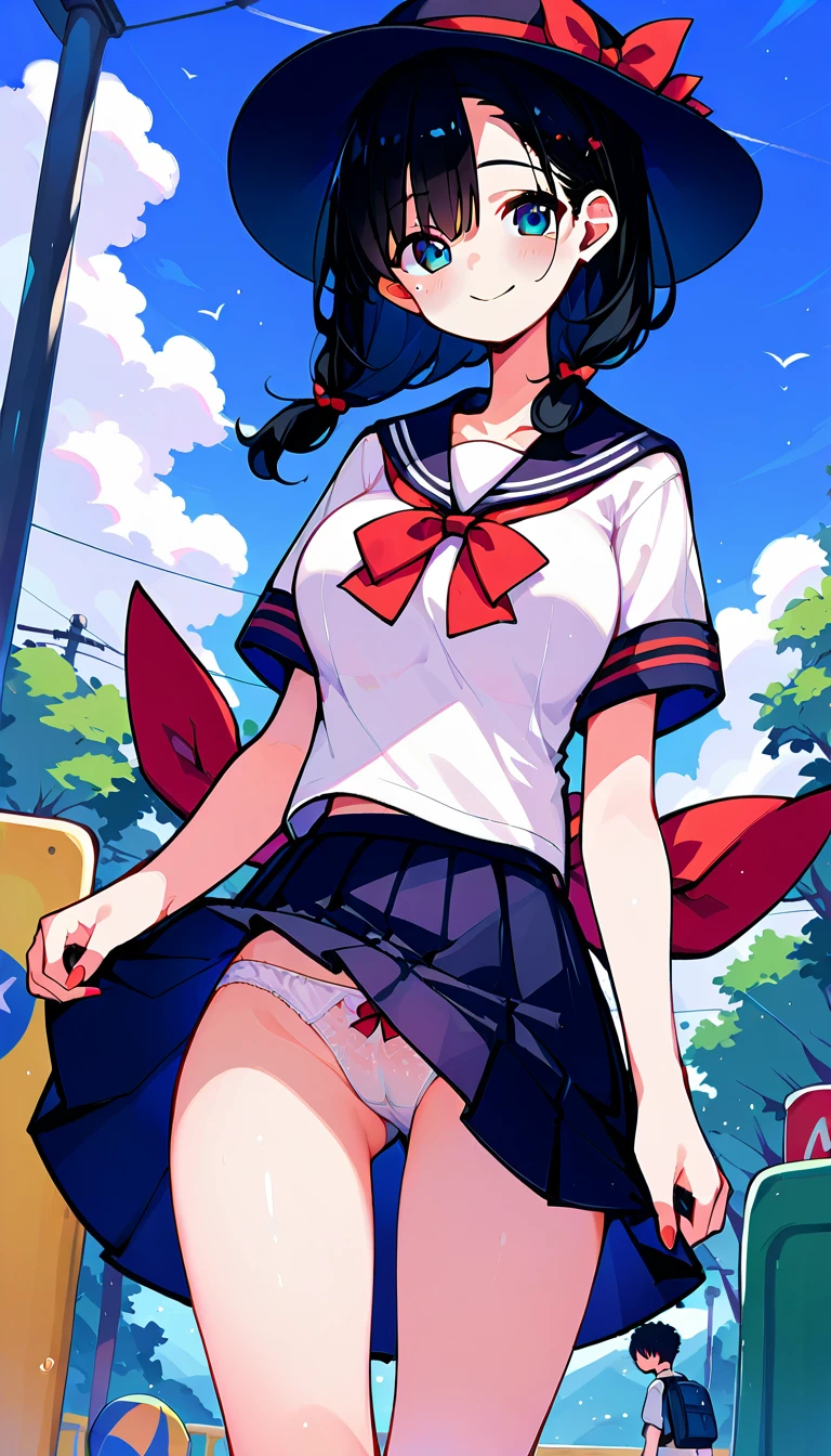 beauty smile blush Embarrassed Black Hair Red Sailor Suit Pure white underwear Big Breasts Thick pubic hair The wind flips up my skirt