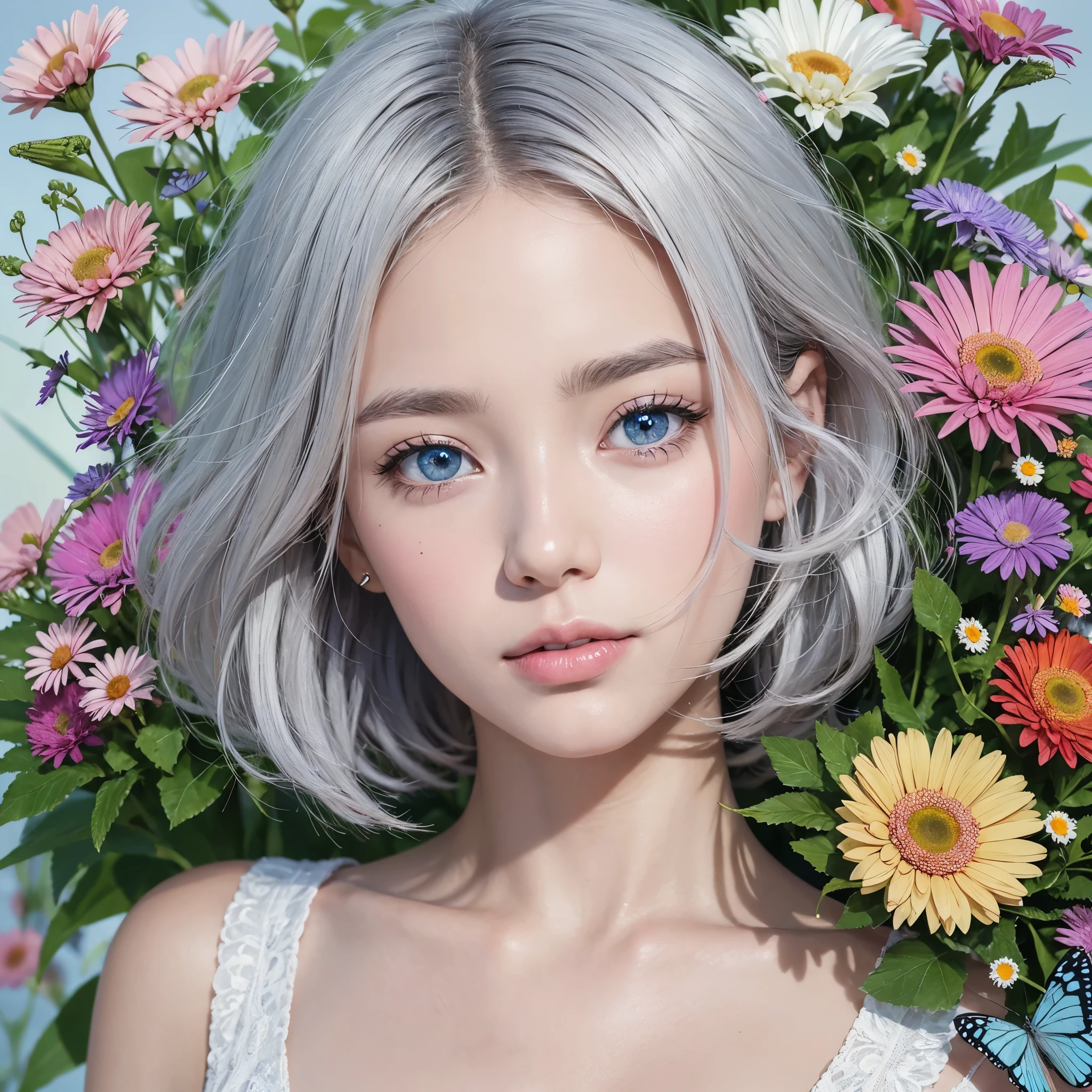 (RAW photo, best quality, masterpiece: 1.2), (photorealistic: 1.4), best lighting, 20 years old, (light blue eyes, light gray hair, short bob cut, hair in 7 thirds, hair over one ear, :1.3), (Symmetrical eyes, solo, Detailed Skin:1.2), looking at viewer, (light gray hair, ((Close-up of face, colorful gerberas around face, small butterfly perched)),:1.25)