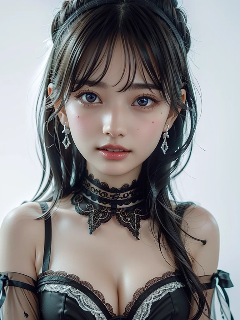 8k,Confused, High resolution, Very detailed, 1 girl, alone, Very beautiful eyes, Ultra-precise depiction, artistic、Very detailed depiction, (Tangled:1.2), , (White high key background:1.5), (((Black Lace Dress 1.5))), 、 short hair、Earrings and Necklaces、Platinum Blonde Hair, (Glowing Skin), Many colors, , (Shooting from above:1.2),、Flat Body、slim、cute、、Round face、Cast a Shadow、、Smile 1.3、