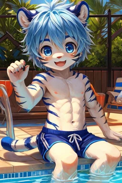 , White and blue fur, Shota, blue eyes, Messy hair, White hair, short hair, masterpiece, Very detailed,,,独奏,Lying down,Open your legs,,Looking at the camera,Poolside,Facial features of a tiger,Blue hair,Tiger Claw,Happy expression,Blue ears,,,Detailed lighting,Tiger source too,young,Black swimming trunks,Crotch