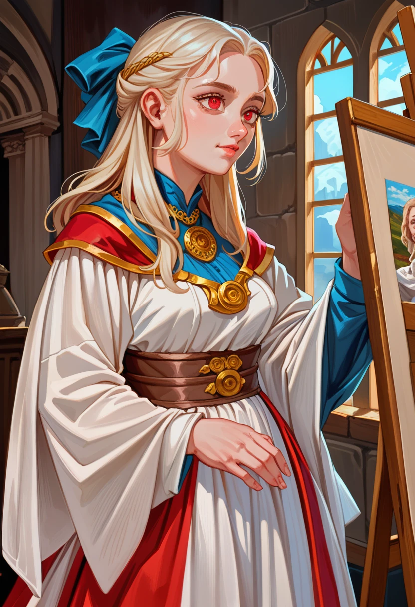 Guinwen as a peasant girl, 8k, 1 girl, realistic oil paint, beautiful ,Guinwen's face, beautifully detailed eyes, very detailled, blonde hair, White hair , red eyes , Visible waist, breasts big, Breasts huge, hairline, dancing in spring, fully dressed, Mediovale, portraite, Dungeon in the background, cages, whole body, ((oil painting)), full neckline