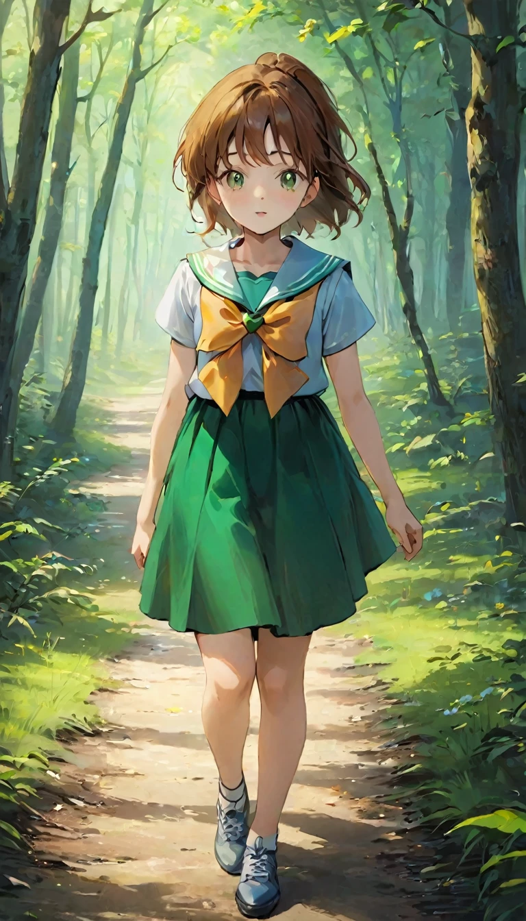 Upper body from knees up、A girl、、((非常に繊細な描写のFace))、((Very detailed_Face_pupil))、look back、Background blur、Blurred background、Dark Forest、Deep Forest、Walk、best quality、Ultra-high resolution、Very detailed、８ｋ、SailorJupiter，Hold your phone