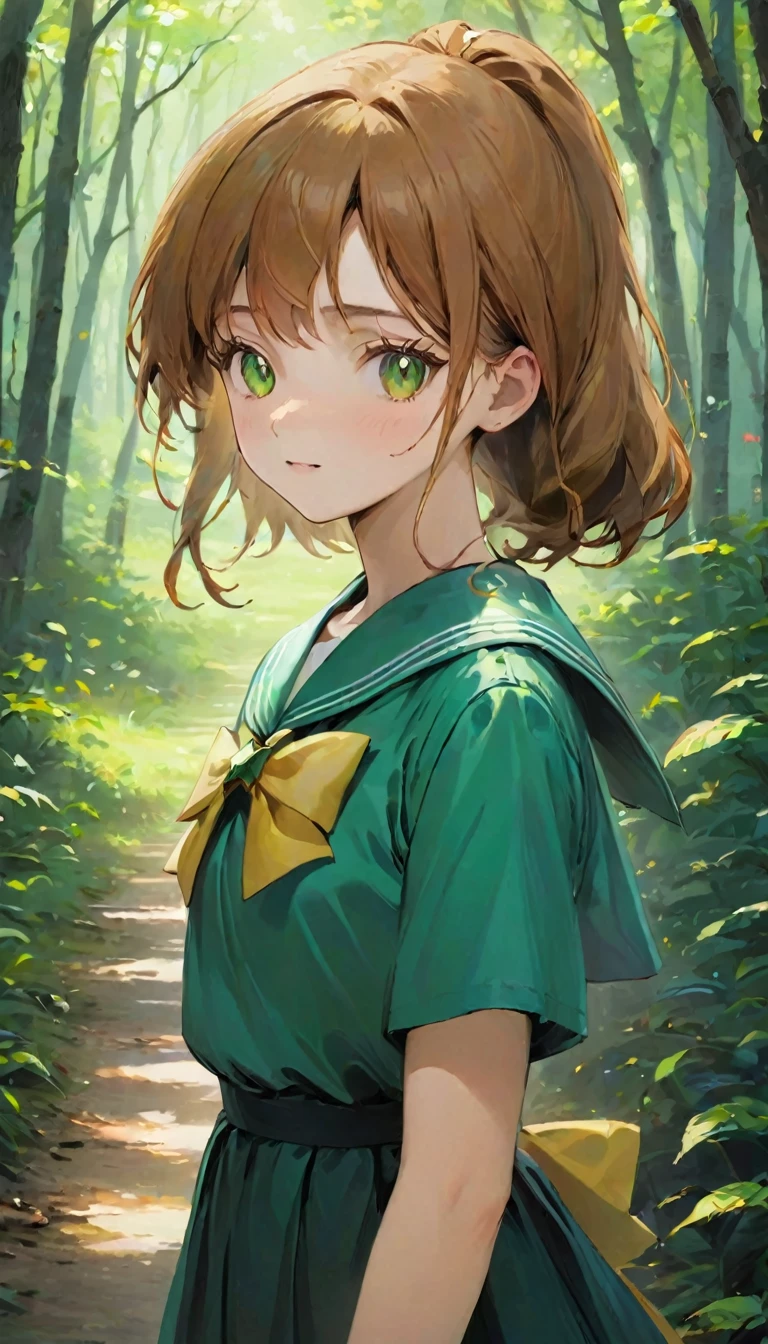 Upper body from knees up、A girl、************、((非常に繊細な描写のFace))、((Very detailed_Face_pupil))、look back、Background blur、Blurred background、Dark Forest、Deep Forest、Walk、best quality、Ultra-high resolution、Very detailed、８ｋ、SailorJupiter，Hold your phone