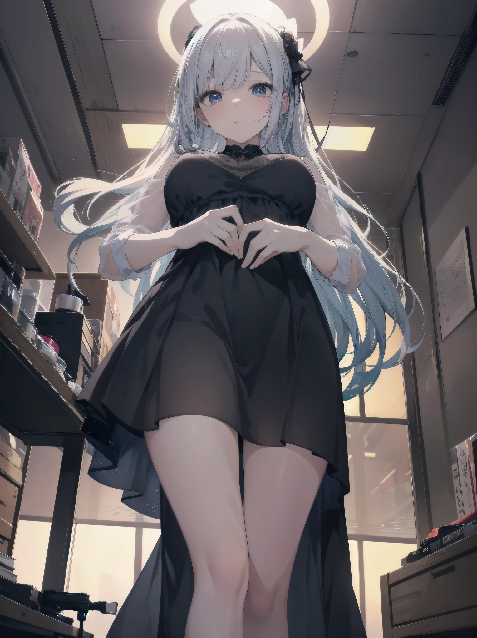 (best quality image), (film), 4320p, high qualiy, 8k (uhd), Filmed directly from below, Covert, Get closer, Anxiety, 真实感, Woman looking down, Semi-formal dress, volantes, Woman&#39;s style, Black thigh-high socks, Then, 14歳, breasts small, fully body, Black leather shoes, braided hair, Hair with ears , cor interior, fringes, prone, embarrassed face, black bob cut, wristbands, Street, árvores de Street, asphalt, Wall, sealion,