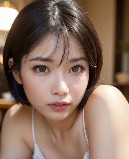 (High resolution:1.3), (16k, Photorealistic, Raw photo, Best image quality: 1.4), Japanese, (One Girl),  (Black-haired、short hair:1.3), Beautiful Hairstyles, (Realistic Skin), Beautiful skins, attractive, 超A high resolution, Surreal, High detail, Golden Ratio, Highly detailed cute girl,(20-year-old), Lying in bed, (dazzling:1.8), (Open your mouth 1.5)