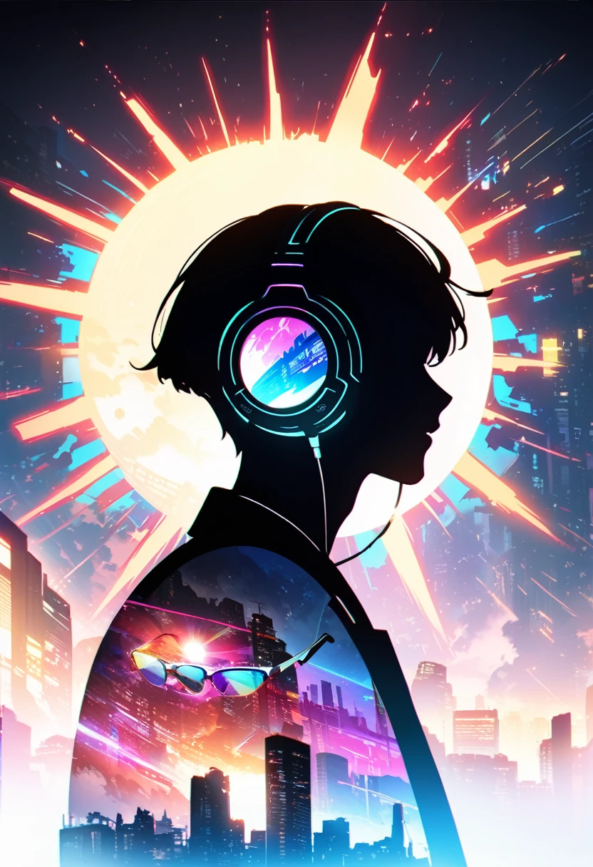 silhouette of a man in profile. short hair, (((sun glasses:1.3))), (headphones:1.3), Inside the silhouette you can see the  with a deep cyberpunk, city, supernova explosion, （masterpiece), ((double exposure)), proportional.,DOUBLE EXPOSURE