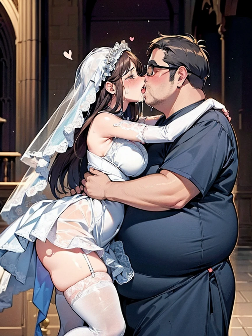 (One Girl, Fat middle-aged man:1.2), Wedding dress、garter belt、Knee-high socks、long gloves up to the elbow, blush, (kiss), (hug), ChurchVery detailed, High resolution, 4K, masterpiece, High resolution、(tears:1.4)、(Clothes are see-through:1.2)、heart