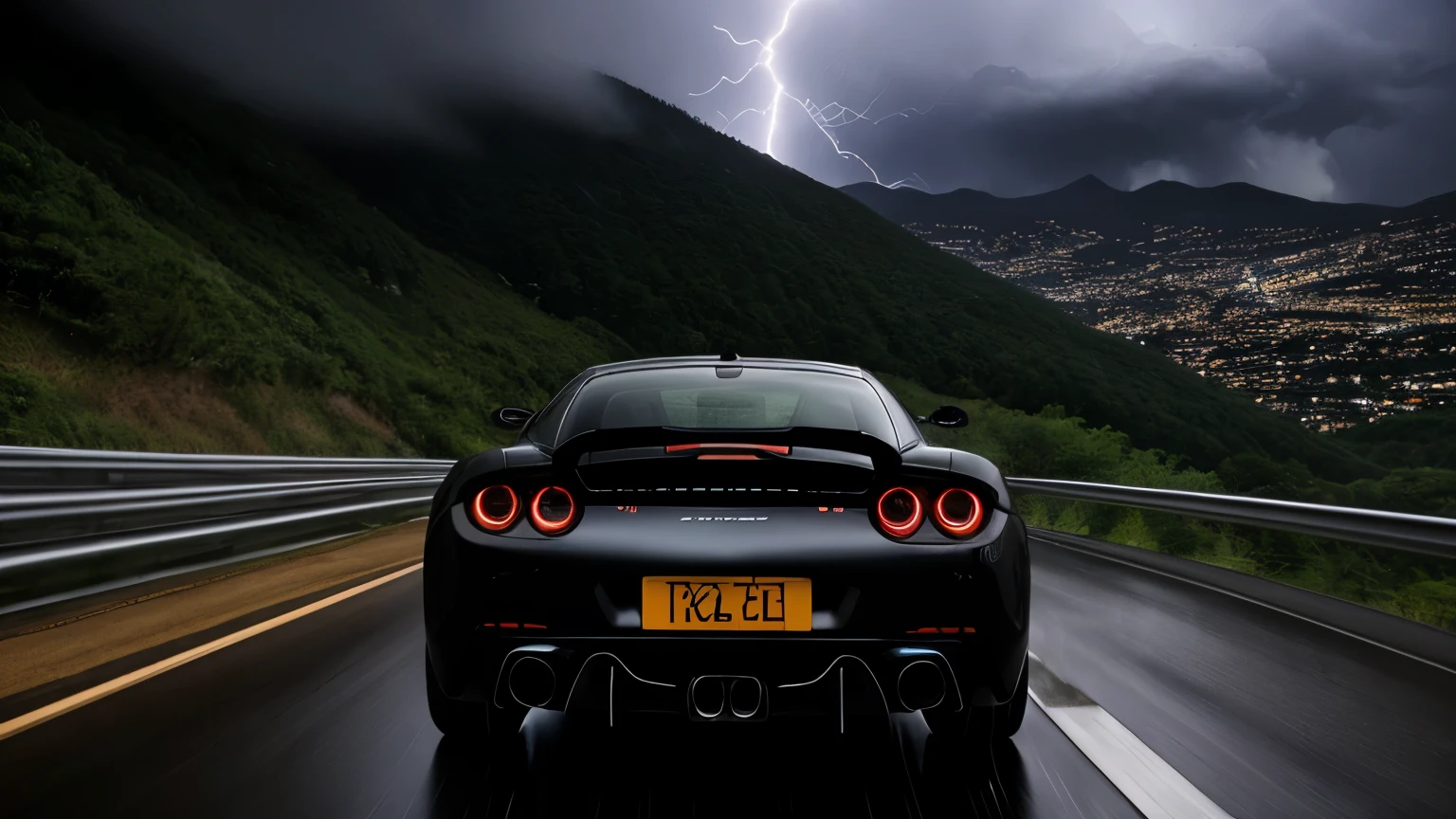 high resolution、Rear view of an elegant sports car driving through intense thunderstorms。In the background is a steep mountain path.、Dark clouds cover the sky。Lightning cuts through the sky、While the rain is falling heavily、The headlights of a sports car shine brightly.、Water is splashing out of the back of the car。The body of a sports car is smooth and shiny.、The scenery around the curves of the mountain road is depicted with a sense of realism.