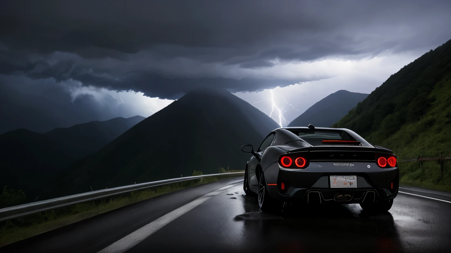 high resolution、Rear view of an elegant sports car driving through intense thunderstorms。In the background is a steep mountain path.、Dark clouds cover the sky。Lightning cuts through the sky、While the rain is falling heavily、The headlights of a sports car shine brightly.、Water is splashing out of the back of the car。The body of a sports car is smooth and shiny.、The scenery around the curves of the mountain road is depicted with a sense of realism.