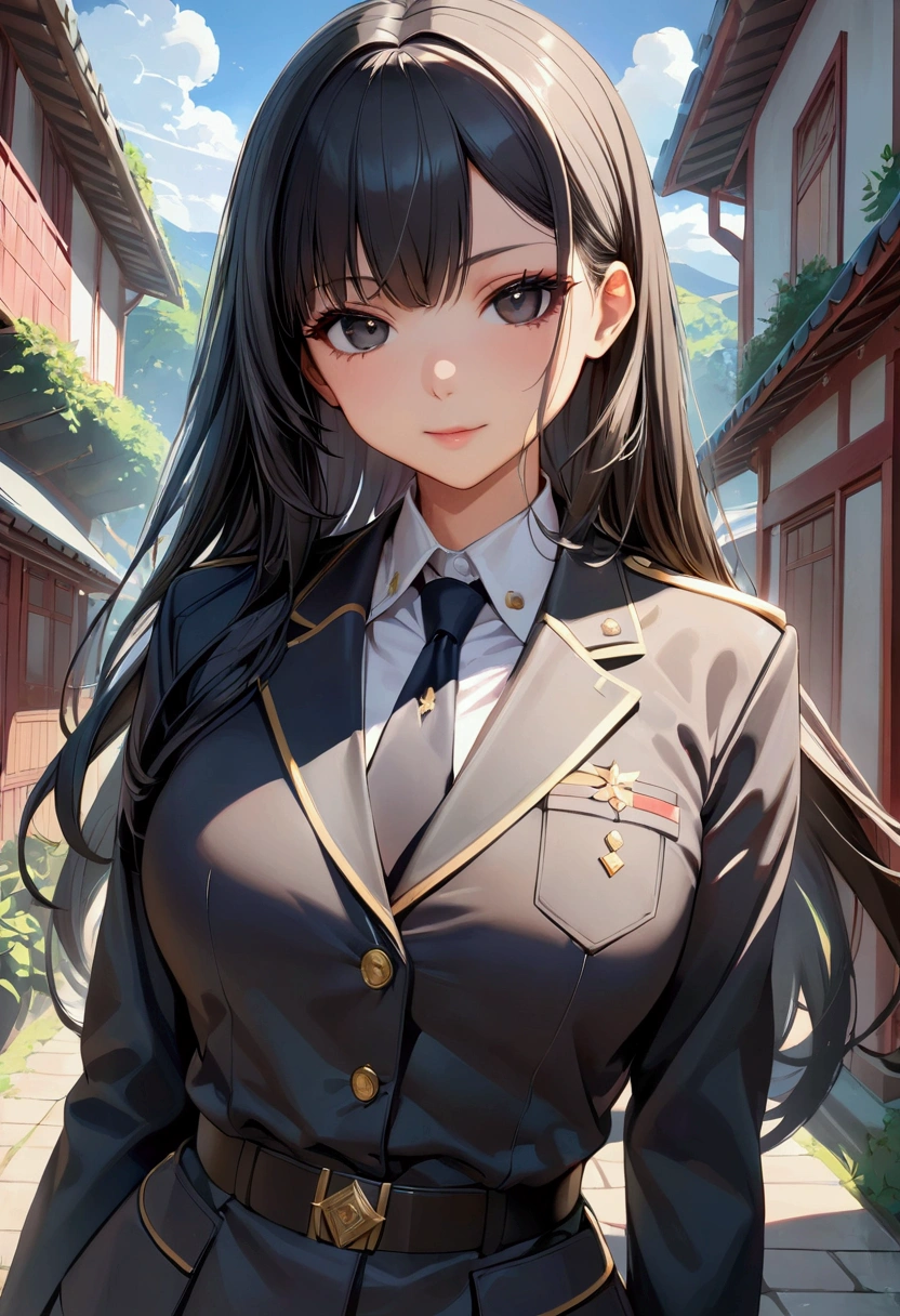 A young woman with long black hair, black eyes, uniform, masterpiece, best quality, aesthetic, ultra-detailed, ultra-sharp, 4k