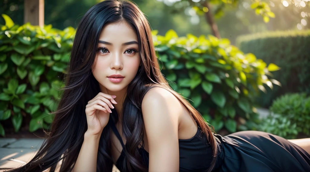 (best quality,ultra-detailed,realistic:1.37),girl leaning forward, dainty face, asian, beautiful expressive eyes, delicate lips, long eyelashes, flowing dark hair, vibrant colors, soft lighting, garden atmosphere, black summer dress, graceful pose