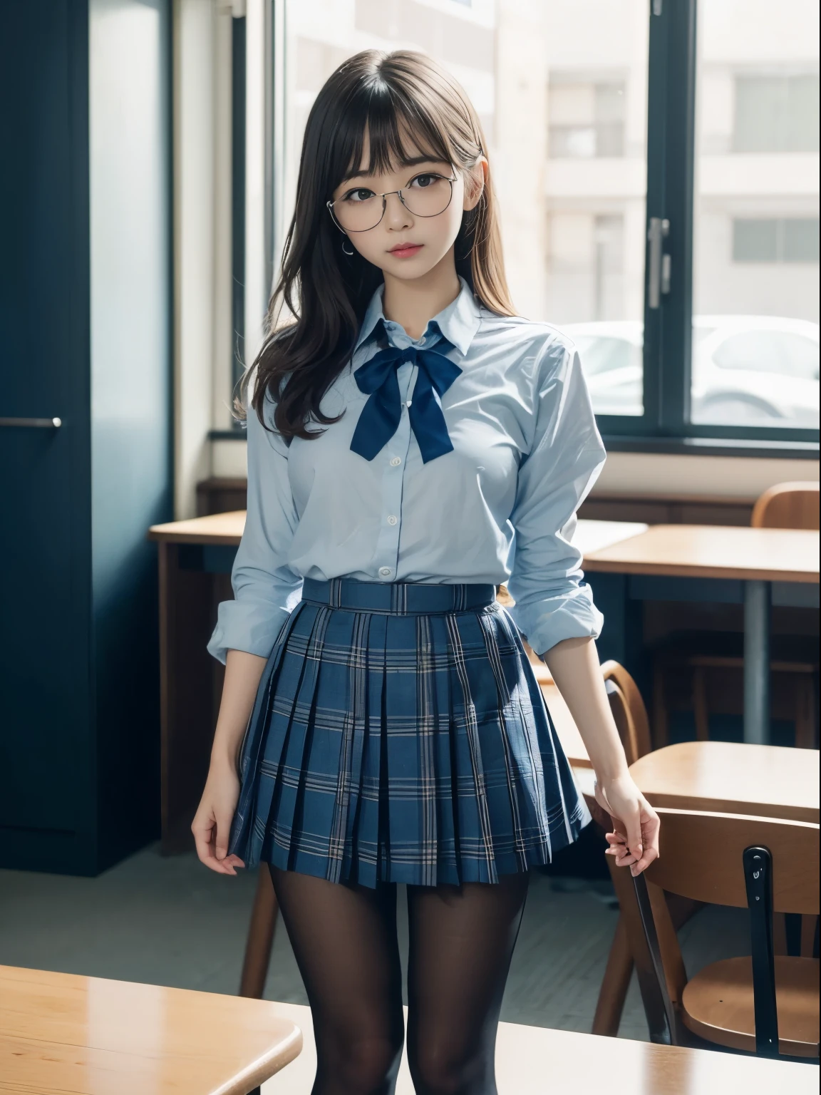 (8k、生photograph、Highest quality、masterpiece:1.2)、(Small eyes)、(Black Pantyhose)、((Small breasts)、(Small breasts)、(Small breasts)、(Cutting board)、(Cutting board))、((Half an eye))、((Sleepy eyes))、((Squint your eyes))、(Round Glasses)、One person、cute、JK、high school girl、Japanese women、Are standing、(PhotoReactive:1.37)、Photon Mapping、Real、(Very delicate face)、cute小さな顔、Brown eyes、(Red bow tie)、Radio City、Physically Based Rendering、Prospect、Character boundary depth、Blurred Background、photograph、girl、body、Beautiful feet、Long legs、Thin legs、(前hairが見える)、hair、lips、Blue_The目、Soft Nose、(Light blue shirt)、(Navy, blue and white plaid pleated skirt)、High school uniforms、See-through clothing、Thighs、black cotton socks、Nogizaka Idol、、Japan Ido