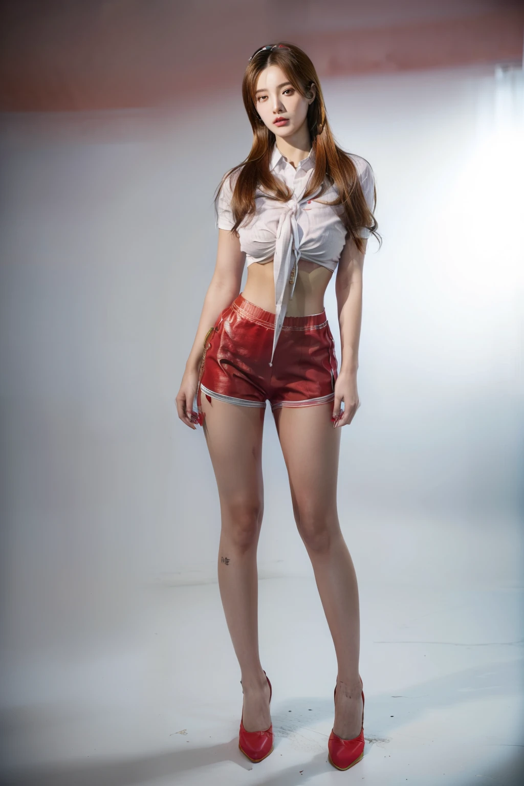 (RAW shooting, Photoreal:1.5, 8k, highest quality, masterpiece, ultra high resolution), perfect dynamic composition:1.2, Highly detailed skin and facial textures:1.2,beautiful and aesthetic:1.2, sexy beauty, perfect style, belief, Strong-willed, revenge, Fair skin, very beautiful face, (large breast, Chest gap), (beautiful eyes)(connie, 1girl, tall, straight hair, midriff, tied shirt, tight red shorts:2),(simple background:1),(knees together),(standing:1.4),(full body photo:1.4),