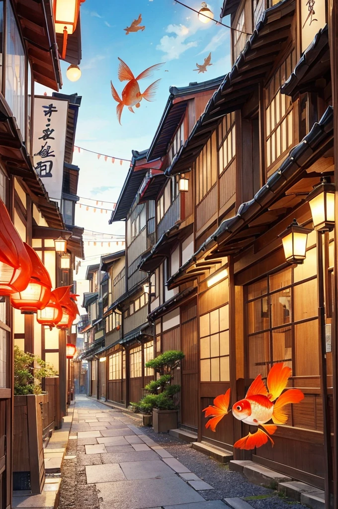In a fantastic landscape、A large flying goldfish flies over the city streets。The streets are filled with Japanese elements.、Traditional buildings and lanterns line the streets、The graceful appearance of the goldfish makes the scenery even more fantastical.