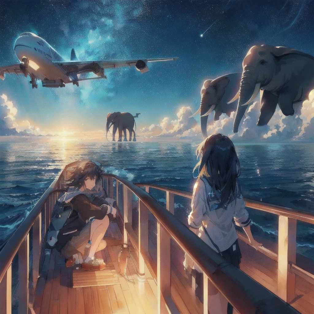 Anime girl watching an airplane flying over an elephant and the sea, On the boat,makoto shinkai cyril rolando, Rad!!!, Concept Art | Rad, Rad!, Lads, Whale in the Sky, ( ( Makoto Shinkai ) ), inspired Lads, Flying Whale, Space Sky. by Makoto Shinkai, 80s anime style,Inspired by Cyril Rolland