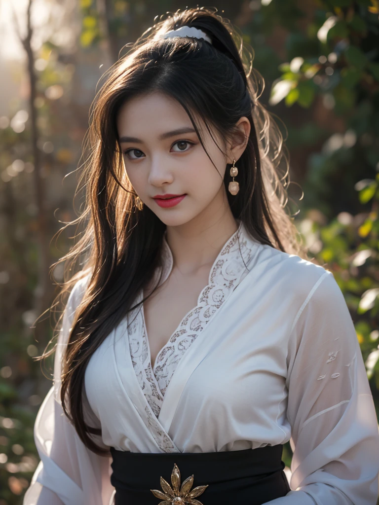 1 beautiful girl in Hanfu costume, ((thin black and white silk shirt with many patterns)), white lace shirt, long platinum purple ponytail. Hair, Jewelry, earrings, thin black silk scarf, carefully drawn big purple eyes, careful makeup, thin eyebrows, high nose, beautiful red lips, cheerful smile, pursed lips, rosy cheeks, wide chest, big chest, shapely chest, slim waist, shapely buttocks, purple mesh stockings, Chinese hanfu style, fictional art texture, many bright and realistic colors, RAW Photos, Realistic Photos , ultra high quality 8k surreal photo, (effective fantasy lighting effect: 1.8), 10 x pixels, magic effect (Background): 1.8), super detailed eyes, full body portrait of girl, vineyard, dynamic, pose