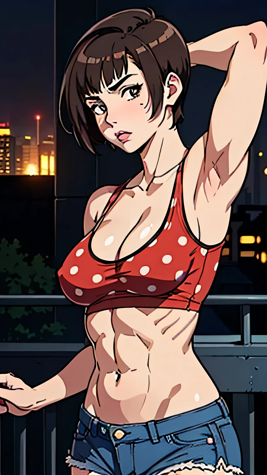 photo of mlp Meowko, RAW, beautiful woman, ((portrait)), ((detailed face:1.2)), ((anime face, anime facial feature, clear skin, glossy anime lips, clear skin), (short messy lesbian haircut, brunette: 1.55),  (perfect proportioned body, Strong, muscular, narrow waist, narrow hips, skinny, large breasts), ((wearing red polka dot half shirt and cut-off daisy duke jean shorts that are unbuttoned, no underwear)) (high detailed city environment, apartment balcony), (realistic photo, best quality, detailed), (8k wallpaper), (cinematic lighting, beautiful light, (night:1.3)) (sharp focus, intricate)