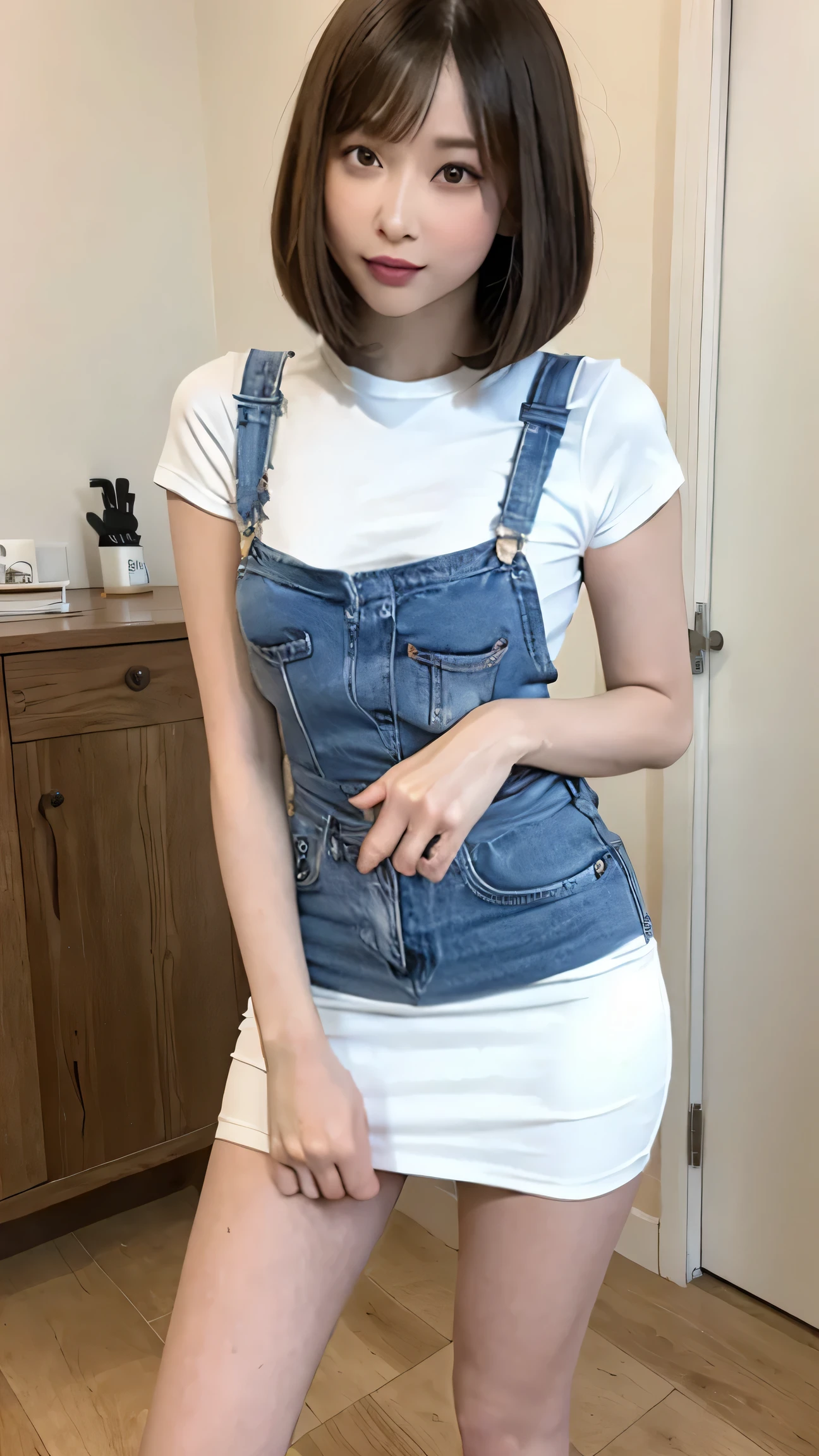 (8k、RAWE Photo、Highest quality、masterpiece:1.2)、Japanese woman、Age 25、woman、((Inside the house))、((Cleaning the floor))、Bright room、Dark brown hair、Bob cut with bangs、,Sharp Face、Detailed face、double eyelid、Small breasts、((White T-shirt))、((Denim skirt))、、(Camel Toe)、Perfect body、Hunchback