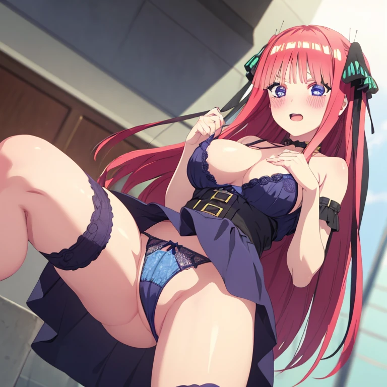 best quality, insanely detailed, nino nakano, , blush, public background, bare-shoulder, a ribbon, stockings, pussy, lingerie garterbelt, cheerful eye, nsfw, Taut Underwear