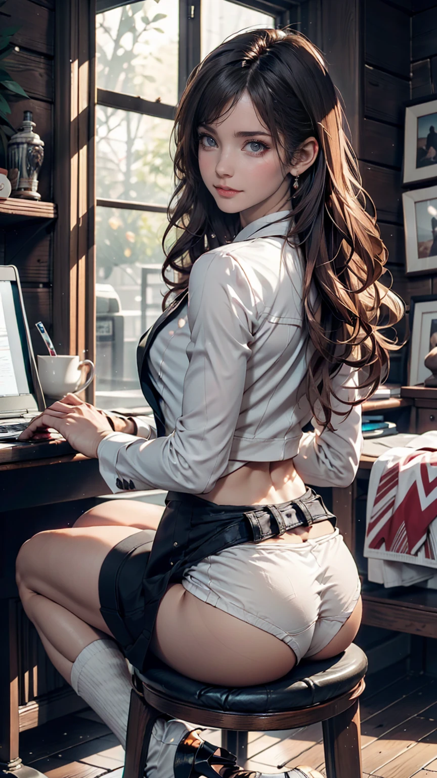 Please raise your heels, Sit down and show your butt from the front, Holding my knees, White panties, Blazer jacket, Long Hair, Realistic, photograph, cute,woman、