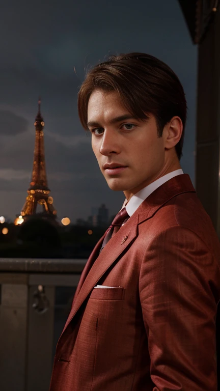 a man with brown hair wearing a red suit, standing in front of the Eiffel Tower in Paris, beautiful detailed eyes, extremely detailed face, realistic, photorealistic, 8k, best quality, masterpiece, cinematic lighting, highly detailed, cinematic, dramatic, striking pose