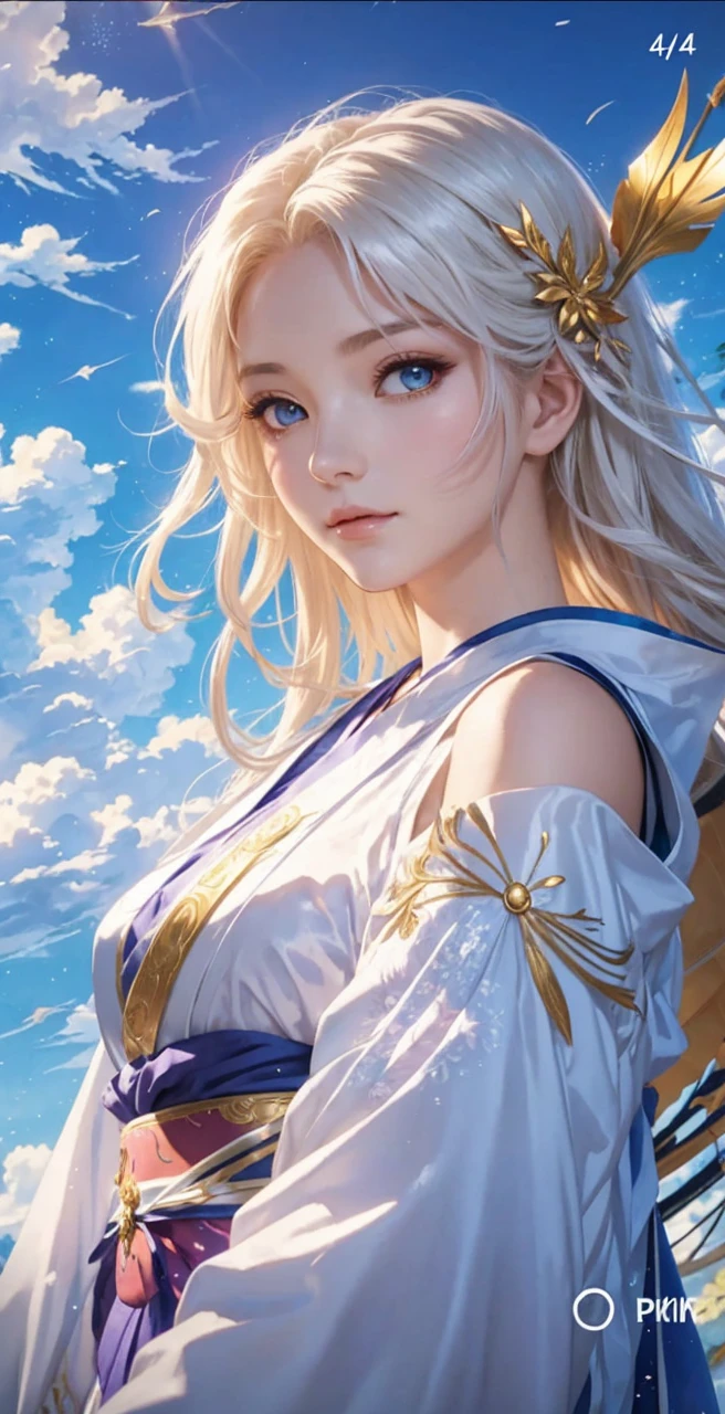 Anime enchanting image of a beautiful young woman with long, flowing white hair, wearing an elegant, flower-adorned purple-white dress. She sits gracefully in a mystical forest, surrounded by a magical, serene atmosphere. Beside her, a white dragon sits attentively, beside her. The forest is filled with lush greenery, blooming flowers, and soft, ethereal light filtering through the trees. The woman's gentle expression and the dragon calm demeanor add to the enchanting mood of the scene.”