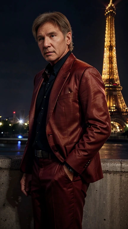 Harrison Ford wearing a (red suit), standing in front of the Eiffel Tower in Paris, beautiful detailed eyes, extremely detailed face, realistic, photorealistic, 8k, best quality, masterpiece, cinematic lighting, highly detailed, cinematic, dramatic, striking pose