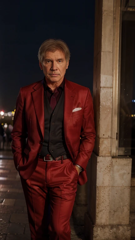Harrison Ford wearing a (red suit), standing in front of the Eiffel Tower in Paris, beautiful detailed eyes, extremely detailed face, realistic, photorealistic, 8k, best quality, masterpiece, cinematic lighting, highly detailed, cinematic, dramatic, striking pose