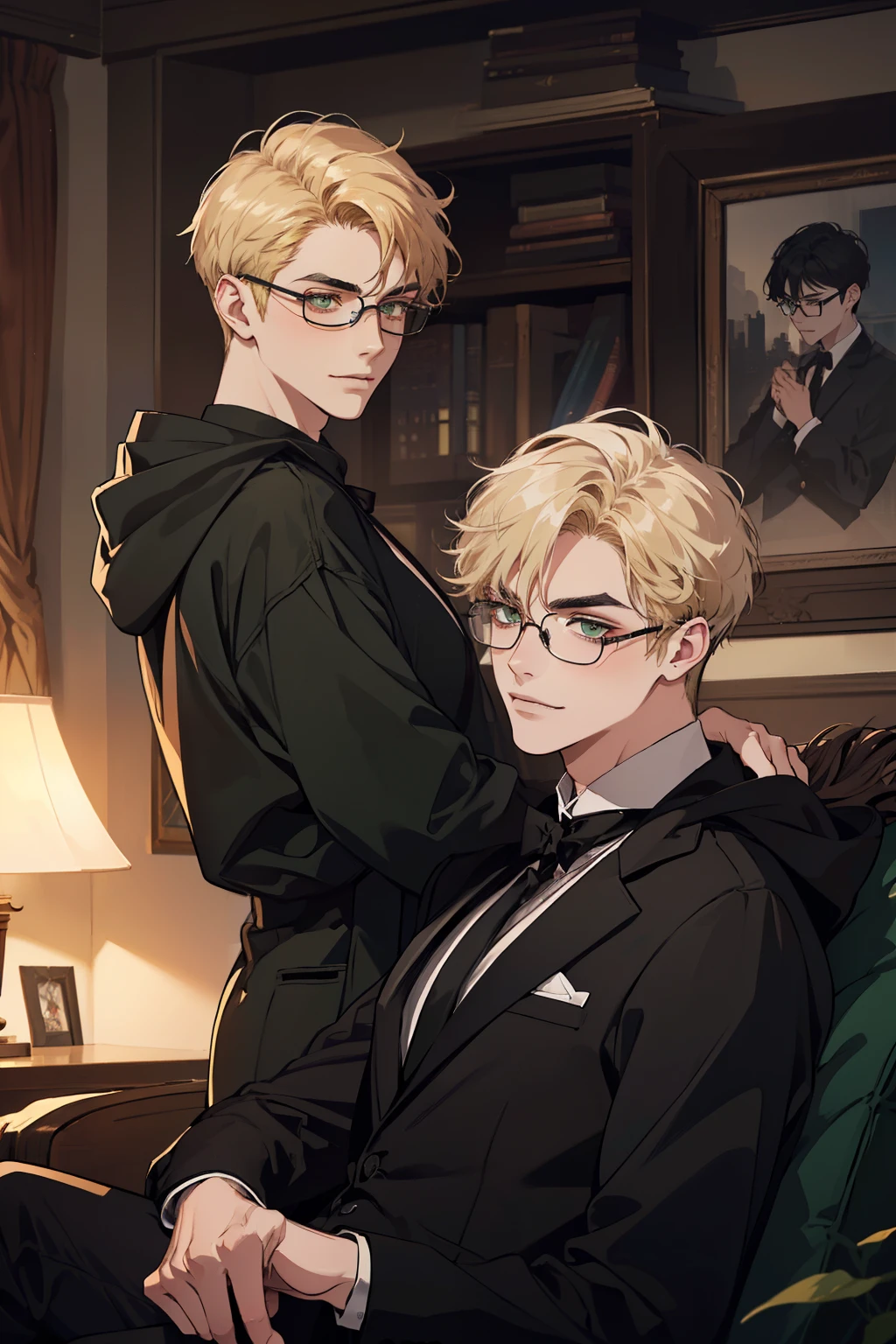 ((wearing a black hoodie)),(( black-haired man wearing glasses)),((Blond man without glasses)),taken in the early 2020s, gotham, alejandro, he looks very sophisticated, (((left side swept bang black short hair))), (dark green eyes and thick eyebrows), smirk. ((20 years old)), ((Black suite and black tie)), masterpiece, posture dynamic, two person