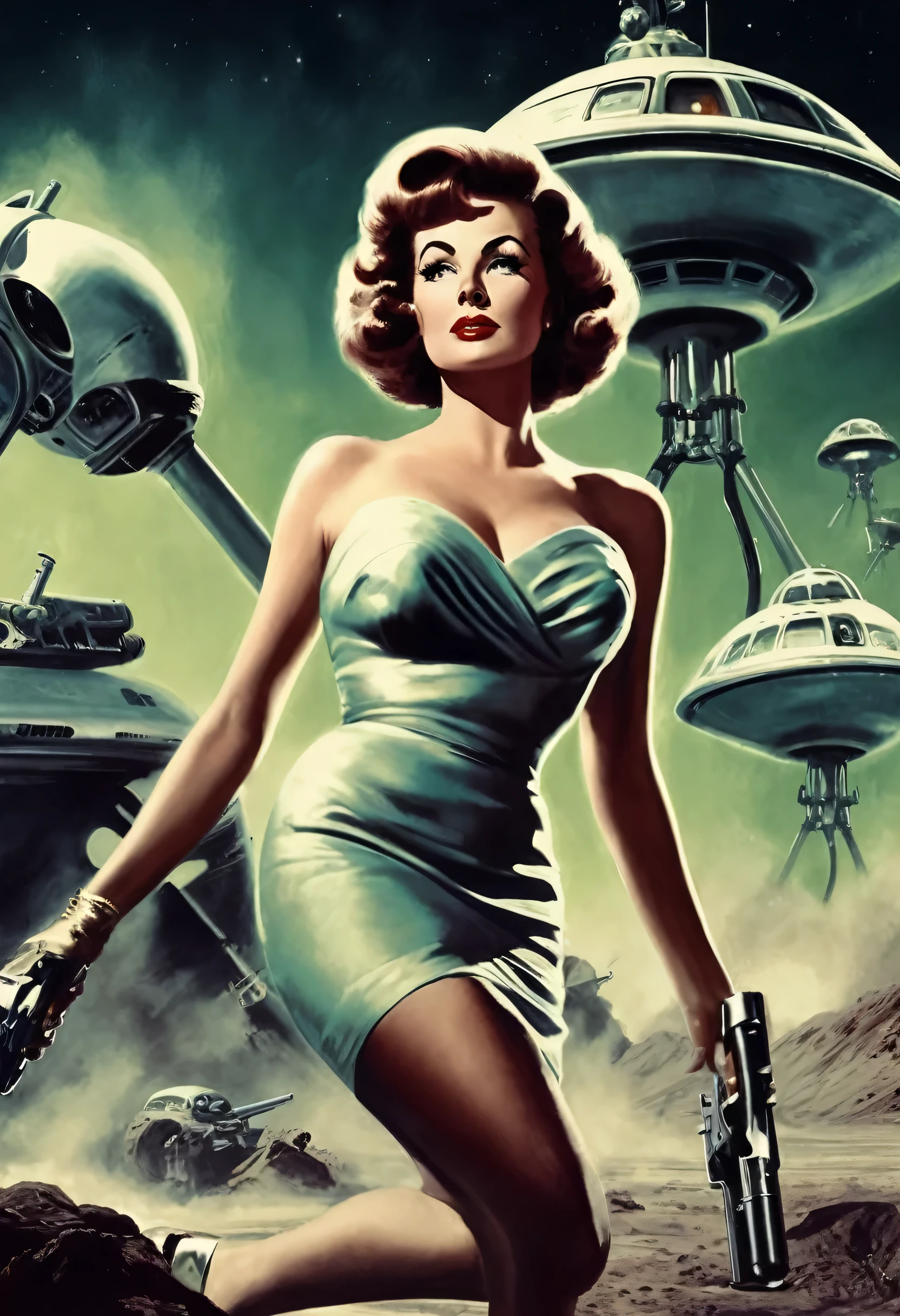 Image of a woman in her 50s wearing a dress and holding a gun, 5 0 s Pulp SF Illustration, 60's sci-fi pinup style, 50's Vintage SCI-FI Style, Retroscience - Fireart, 60's sci-fi pinup, Retroscience - FI Images, 1 9 5 0 s SF, Pulp SF Illustration, vintage sci-fi