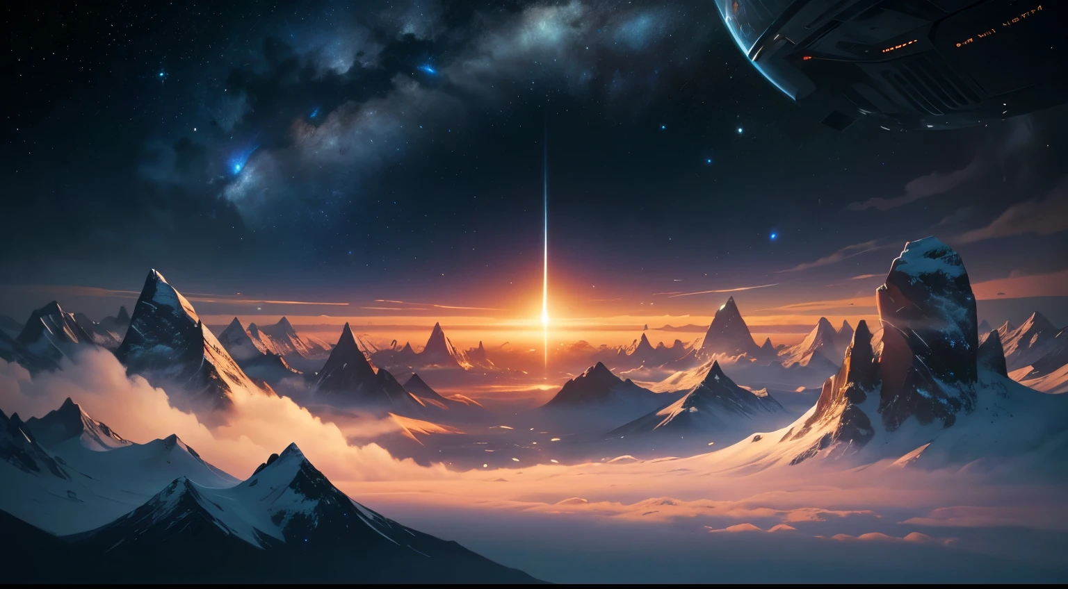 A peaceful nature scene in space. Interstellar. Epic. Vast cosmos. Cyber. Tech. Year 3000. Mountains. Moons. Clouds. Future. Sci-fi.
