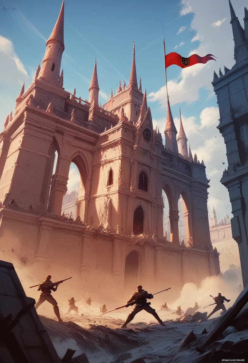 Attacking a destroyed castle with siege weapons, Many soldiers under siege, game concept art, Matte Painting Concept Art, flag of korea,battle scene background artwork, bloodbath battlefield background