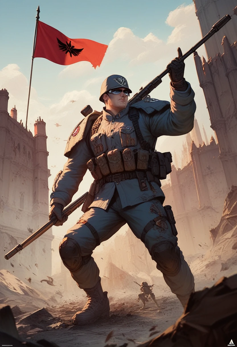 Attacking a destroyed castle with siege weapons, Many soldiers under siege, game concept art, Matte Painting Concept Art, flag of korea,battle scene background artwork, bloodbath battlefield background