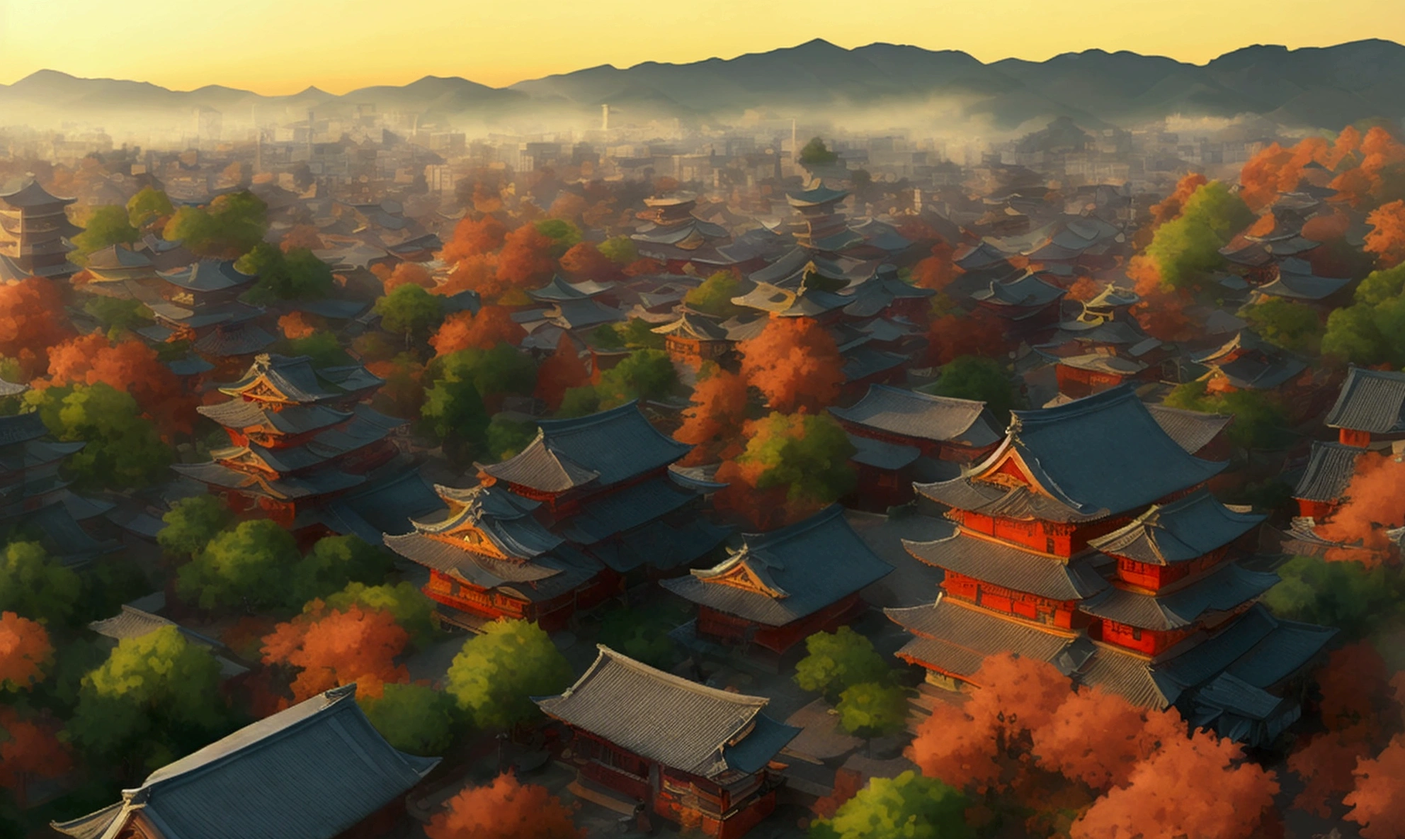 Depict an ultra-realistic aerial view in full HD 4K of a huge ancient Japanese city from the Taisho era, highlighting details of architecture and urban landscape. This portrait must be captured with detailed textures, an immersive atmosphere and high-definition shadow play to convey the grandeur and beauty of the city.
