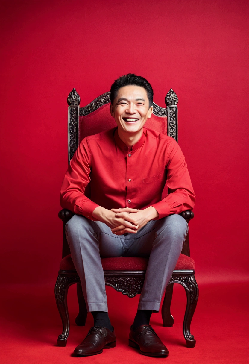 Sit on a chair、Grinning face、Red background