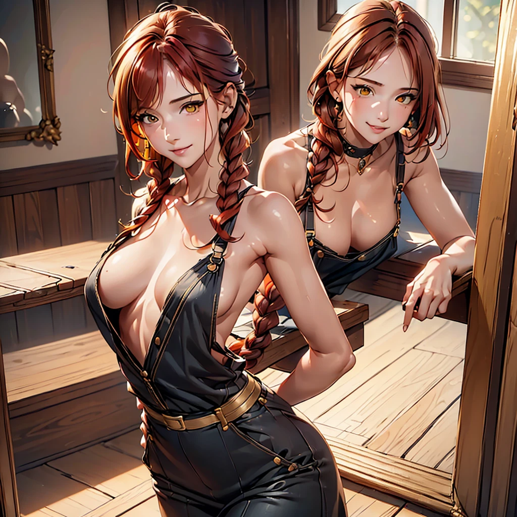(((One woman))), (natural redhead), honey yellow eyes, by the wide, small braids, bright smile, detailed eyes, chest a little big, detailed body, beautiful body, detailed clothing, black overalls skirt with white blouse, head on, hands back leaning forward, flirtatious look, standing in the entrance of a house with the door open.