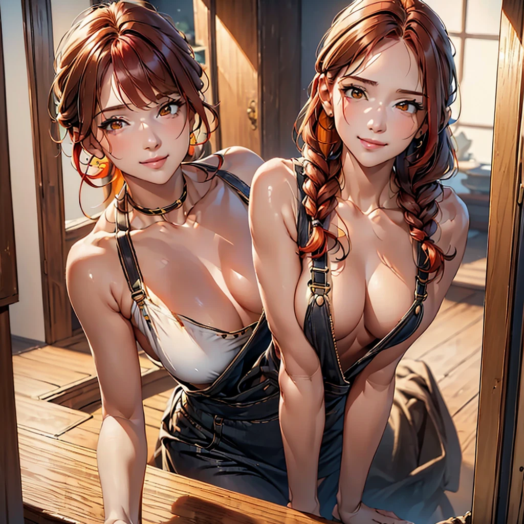 (((One woman))), (natural redhead), honey yellow eyes, by the wide, small braids, bright smile, detailed eyes, chest a little big, detailed body, beautiful body, detailed clothing, black overalls skirt with white blouse, head on, hands back leaning forward, flirtatious look, standing in the entrance of a house with the door open.