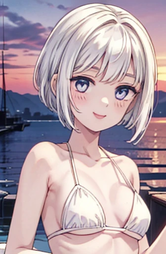 smile,cat years,sunset,girl,white hair,short hair,masterpiece,best quality,super detailed,super fine illustration,(LoRA:0.7),white bikini,perfect face,perfect body,perfect hands,retoro,1980s,anime style