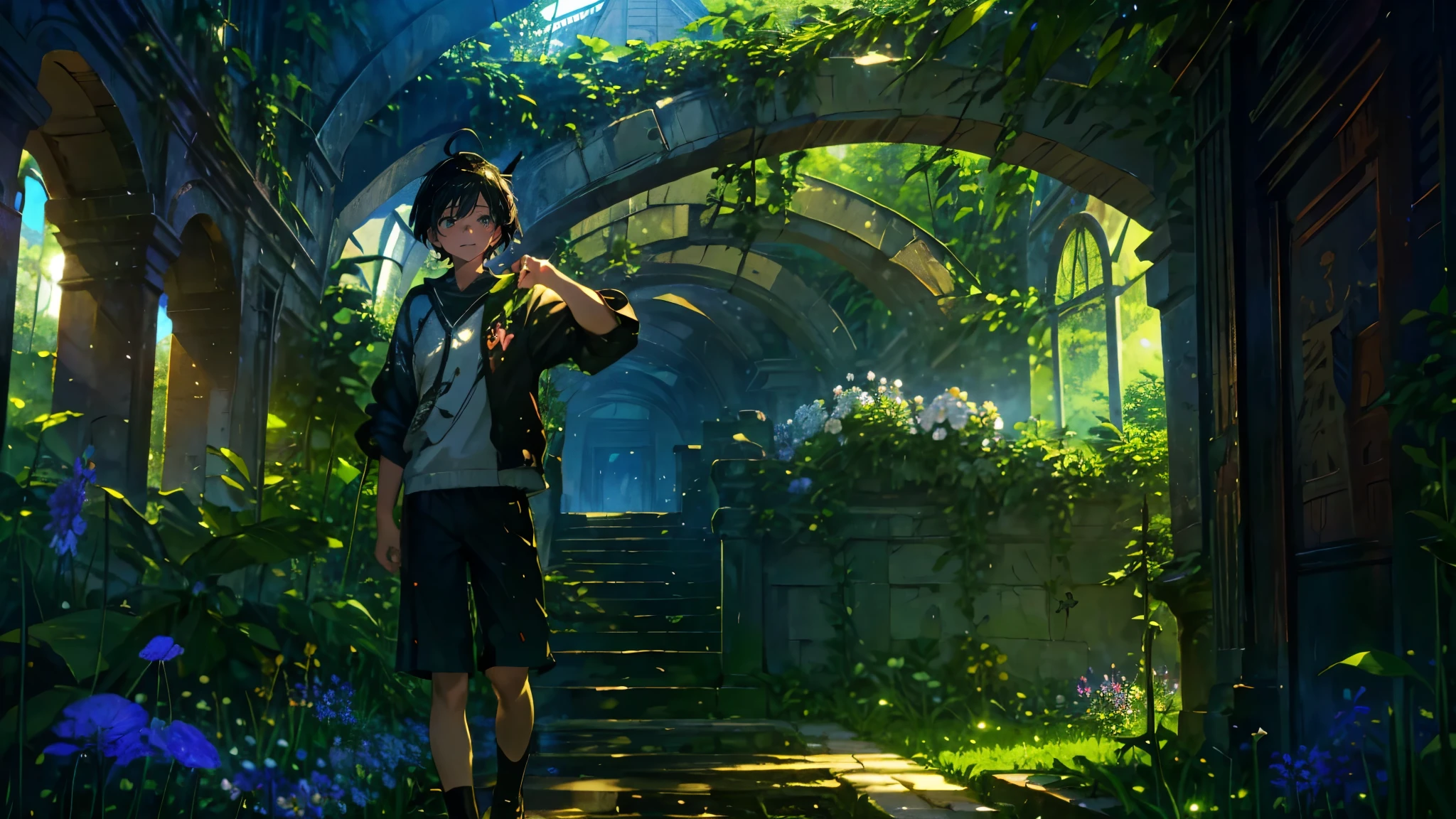 (Mastepiece), (Best Quality), Very detailed, (1 boy:1.5), (Full body solo shot:1.4), Perfect Face, Beautiful Boy, Very detailedな顔,(Black short hair:1.5),(Green Eyes:1.4),(short pants:1.4)、(Lots of butterflies々:1.4)、bird、(ruins、Plants、flower:1.4)、mysterious、Fantasy、beautiful、beautiful、(Close your eyes and laugh:1.3)、(Happy Face:1.4)、A big smile